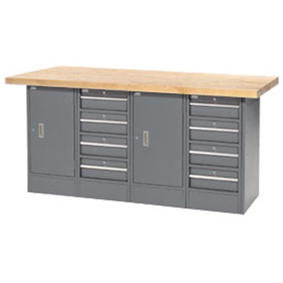 Maple Top Workbench - Gray - 72 x 24 in. - 8 Drawers & 2 Cabinets - Durable Design