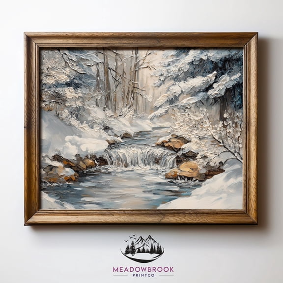 Maple Tree Canopy Autumn Glow Rustic Nature Wall Art Snowy Forest Stream Winter Serene Nature Landscape, UNFRAMED Size 24x24