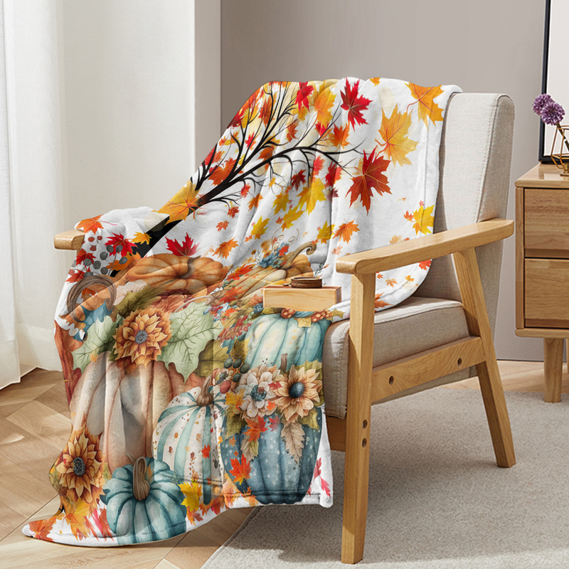 Maple Tree Leaves Blanket Big Pumpkin Flowers Fruits Print Soft Flannel