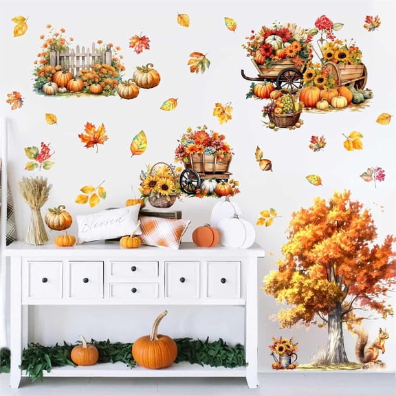 Maple Tree Wall Stickers Fall Wall Sticker Autumn Fall Leaves Wall Decals Peel and Stick Yellow Tree Leaf Wall Stickers Sunflower Thanksgiving Pumpkin Maple Tree Decals for Living Room Bedroom