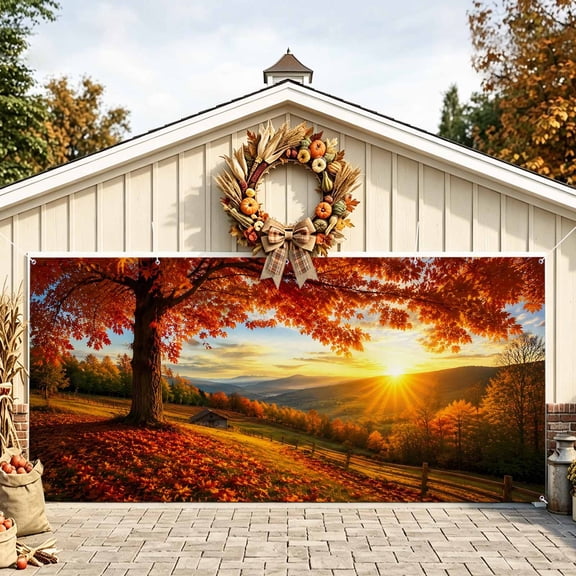 Maple Trees Fall Garage Door Banner 6.9x8 Ft, Thanksgiving Autumn Countryside Outdoor Garage Door Cover for Holiday Party, Hanging Banner Backdrop Decoration Wall Decor Flag