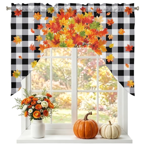 Maple Trees Fall Swag Valances for Windows, Small Curtains Drapes, Hello Fall Thanksgiving Black Checked Kitchen Window Curtains Over Sink Window Treatment Valance for Bedroom/Bathroom 56"x36"