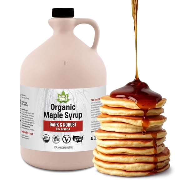 Maple Valley Organic Pure Maple Syrup, Dark & Robust Better Than Pancake Syrup, Use for Coffee or All-Natural Sugar Substitute in Cooking and Baking (128oz Plastic Jug)