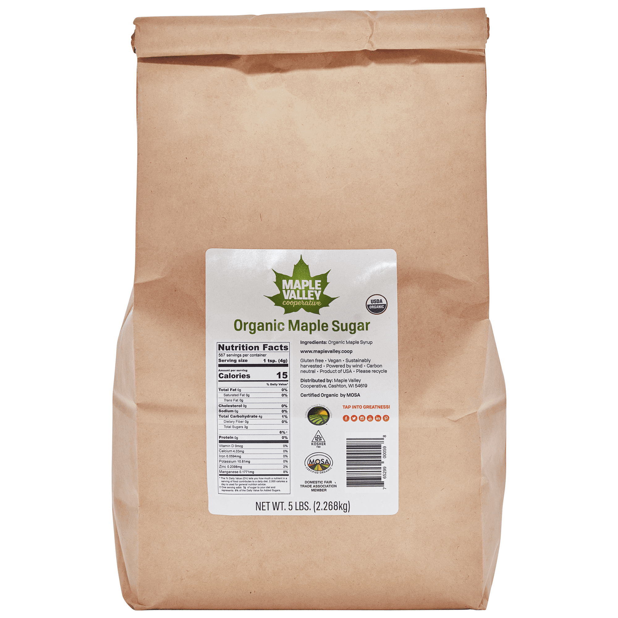 Maple Valley 5 lb USDA Certified Organic Granulated Maple Sugar 5 pound bag