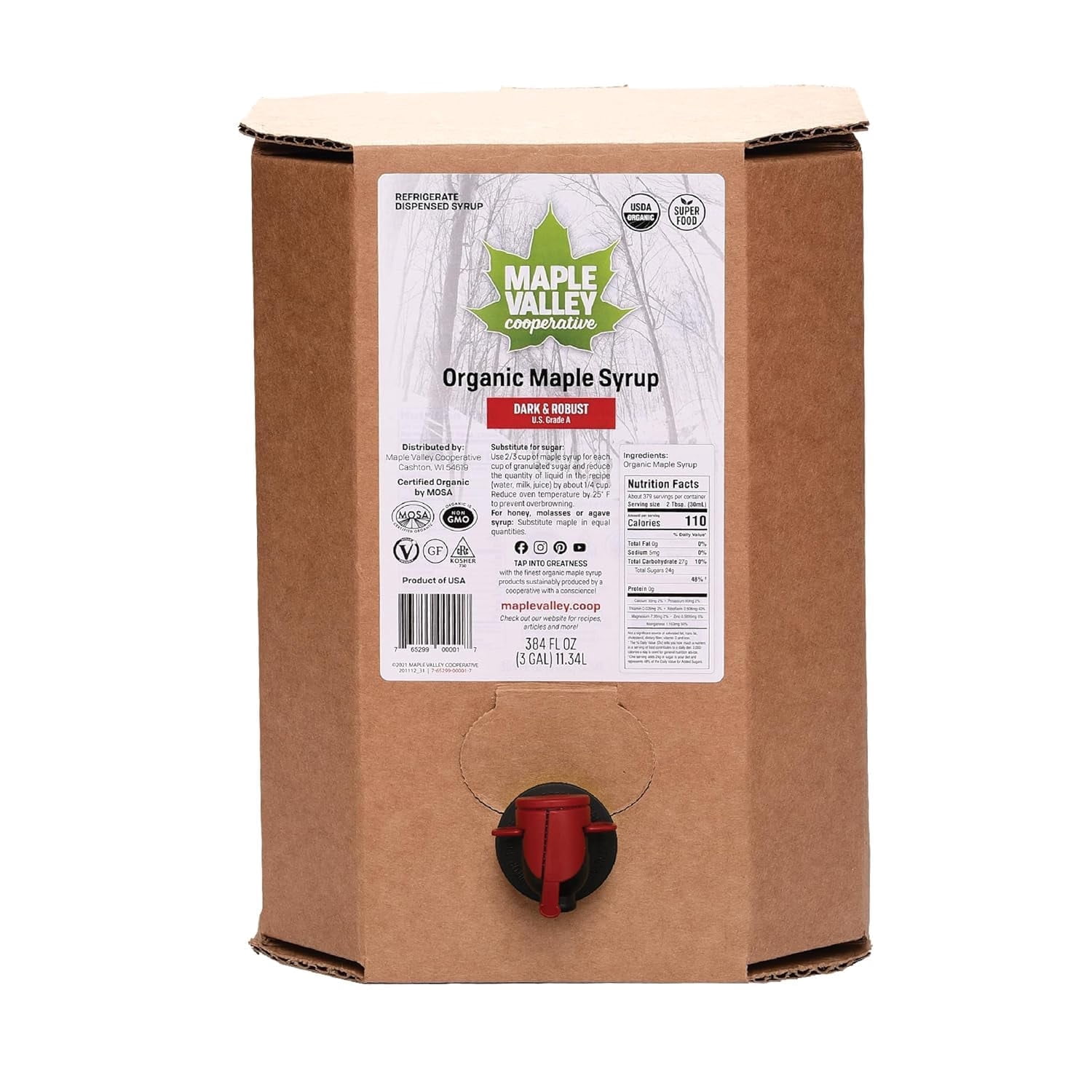 Maple Valley Organic Pure Maple Syrup, Dark & Robust Better Than Pancake Syrup, Use for Coffee or All-Natural Sugar Substitute in Cooking and Baking (3 Gallon Bag in Box)