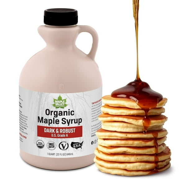 Maple Valley Organic Pure Maple Syrup, Dark & Robust Better Than Pancake Syrup, Use for Coffee or All-Natural Sugar Substitute in Cooking and Baking (32oz Plastic Jug) 