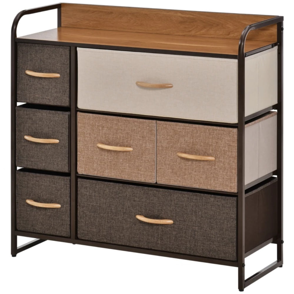 Maple Wood 7-Drawer Dresser, Fabric Storage Chest with Steel Frame & MDF Top, Anti-Tipping Organizer for Laundry Room Living Room Entryway