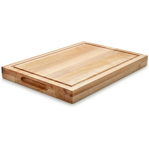 Maple Wood Cutting Board, Reversible with Juice Groove and Smooth Side, Thick Butcher Block Style Prep Board with Built-In Handles (18"L x 12"W)