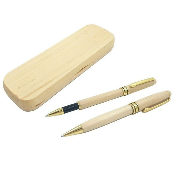 Maple Wood Pen Set (AP3002) - 2 Handcrafted Wooden Ballpoint & Gel Gift Pen Set with Matching Wooden Box by BG247