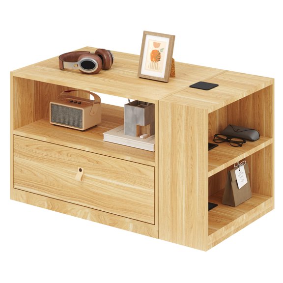 Maple Wood Storage Side Table with Drawer and Open Shelves