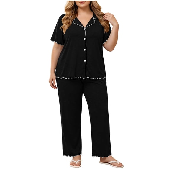 Maplenight 2 Piece Pajamas for Women Set Plus Size Short Sleeve Button Down Tops and Long Pants Pj Set Soft Sleepwear Loungewear