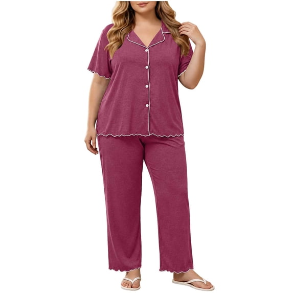 Maplenight 2 Piece Pajamas for Women Set Plus Size Short Sleeve Button Down Tops and Long Pants Pj Set Soft Sleepwear Loungewear