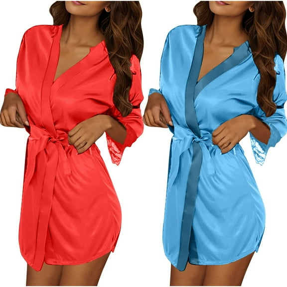 Maplenight 2PC Silk Robes for Women Satin Robe Short Kimono Bathrobes Soft Lightweight Robes with Belts Sleep Nightgown