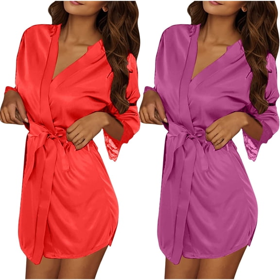 Maplenight 2PC Silk Robes for Women Satin Robe Short Kimono Bathrobes Soft Lightweight Robes with Belts Sleep Nightgown