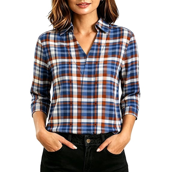 Maplenight 3/4 Sleeve Blouses for Women Collared Plaid Shirts Casual Relaxed Fit Breathable Tops Work Office Vacation Blouses