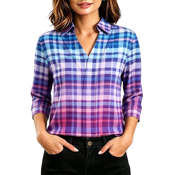 Maplenight 3/4 Sleeve Blouses for Women Collared Plaid Shirts Casual Relaxed Fit Breathable Tops Work Office Vacation Blouses