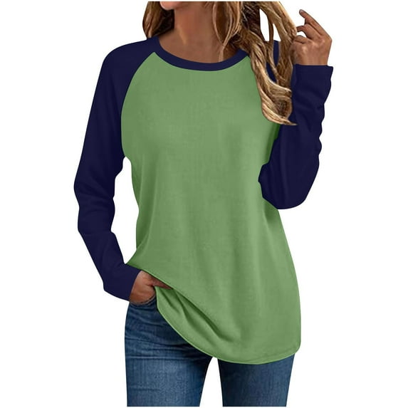 Maplenight 3/4 Sleeve Shirts for Women Crew Neck Loose Fit Casual T-Shirt Trendy Color Block Tees Womens Fall Clothes