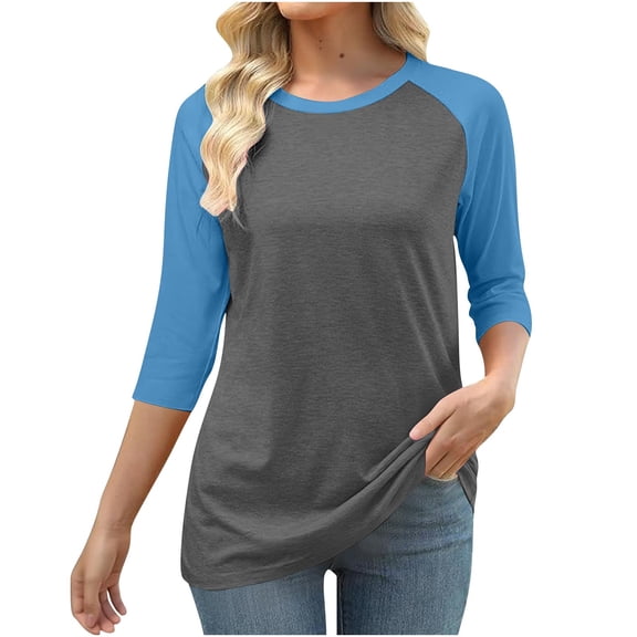 Maplenight 3/4 Sleeve Shirts for Women Crew Neck Loose Fit Casual T-Shirt Trendy Color Block Tees Womens Fall Tops