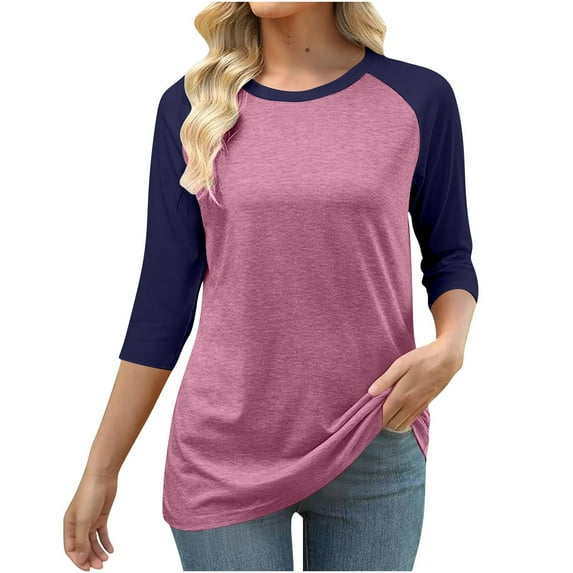 Maplenight 3/4 Sleeve Shirts for Women Crew Neck Loose Fit Casual T-Shirt Trendy Color Block Tees Womens Fall Tops