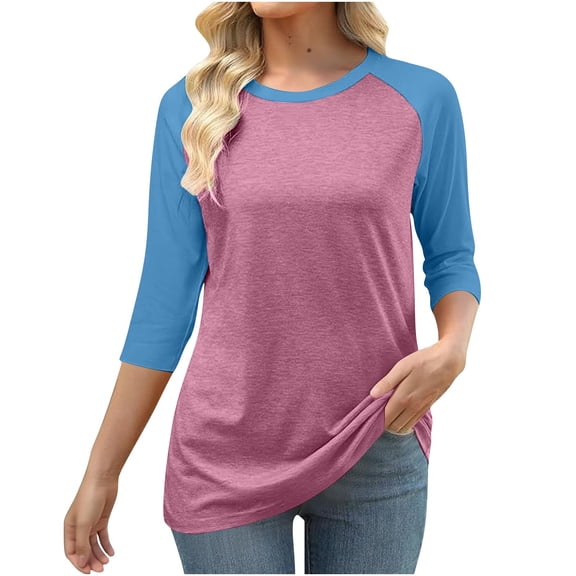 Maplenight 3/4 Sleeve Shirts for Women Crew Neck Loose Fit Casual T-Shirt Trendy Color Block Tees Womens Fall Tops
