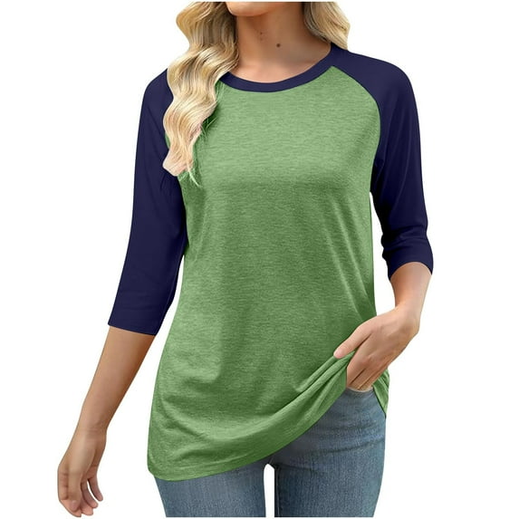 Maplenight 3/4 Sleeve Shirts for Women Crew Neck Loose Fit Casual T-Shirt Trendy Color Block Tees Womens Fall Tops