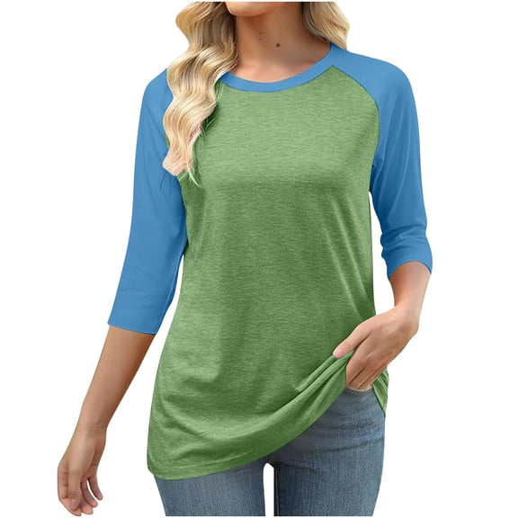 Maplenight 3/4 Sleeve Shirts for Women Crew Neck Loose Fit Casual T-Shirt Trendy Color Block Tees Womens Fall Tops