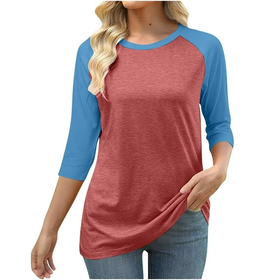 Maplenight 3/4 Sleeve Shirts for Women Crew Neck Loose Fit Casual T-Shirt Trendy Color Block Tees Womens Fall Tops