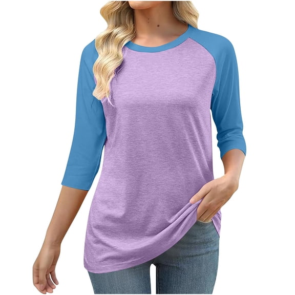 Maplenight 3/4 Sleeve Shirts for Women Crew Neck Loose Fit Casual T-Shirt Trendy Color Block Tees Womens Fall Tops