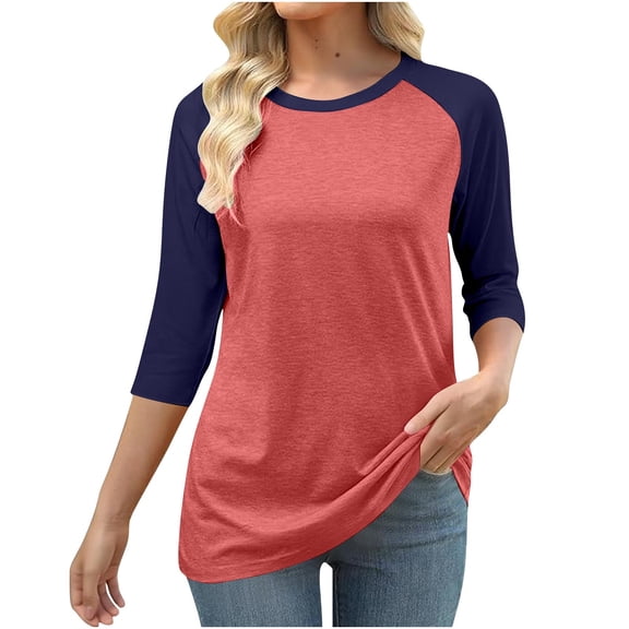Maplenight 3/4 Sleeve Shirts for Women Crew Neck Loose Fit Casual T-Shirt Trendy Color Block Tees Womens Fall Tops