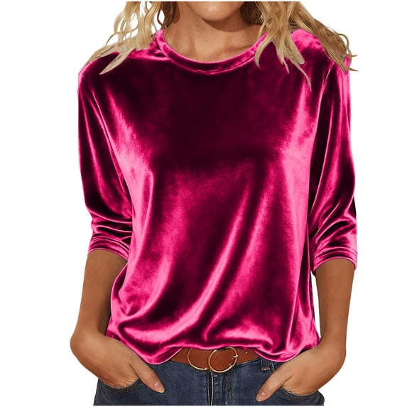 Maplenight 3/4 Sleeve Velvet Shirts for Women Crew Neck Going Out Tops Dressy Casual Elegant Holiday Blouses