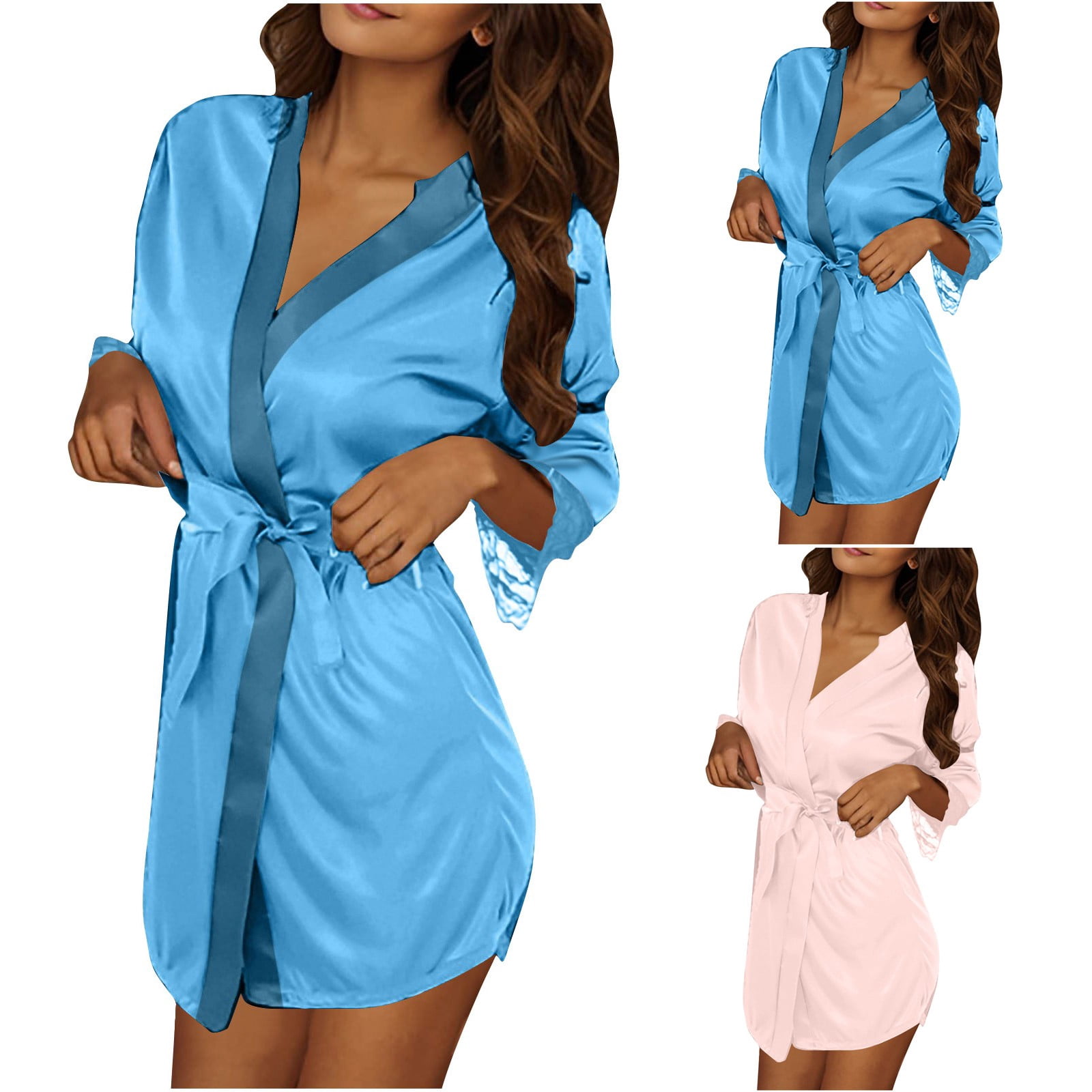 Maplenight 3PC Silk Robes for Women Satin Robe Short Kimono Bathrobes ...