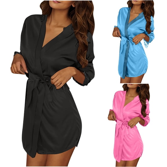 Maplenight 3PC Silk Robes for Women Satin Robe Short Kimono Bathrobes Soft Lightweight Robes with Belts Sleep Nightgown