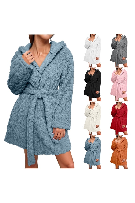Bath Robes for Women Fuzzy Short Robe Tie Waist Fuzzy Bathrobe with Pockets Plush Fleece Cozy Warm Loungewear