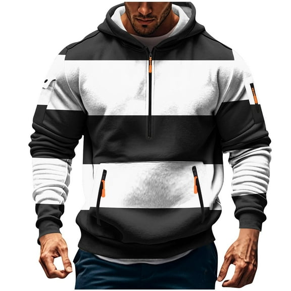 Maplenight Big and Tall Cargo Hoodies for Men Casual Comfy Long Sleeve Quarter Zip Sweatshirt Color Block Striped Trendy Outdoor Pullover Sportswear