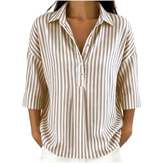 Maplenight Blouses for Women 3/4 Sleeve Collared Half Button Striped Shirts Casual Work Office Vacation Tops