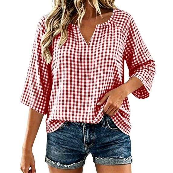Maplenight Blouses for Women V Neck 3/4 Sleeve Plaid Shirts Casual Office Vacation Blouses