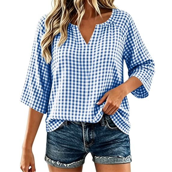 Maplenight Blouses for Women V Neck 3/4 Sleeve Plaid Shirts Casual Office Vacation Blouses