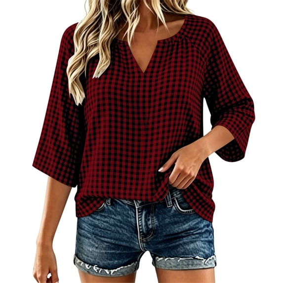Maplenight Blouses for Women V Neck 3/4 Sleeve Plaid Shirts Casual Office Vacation Blouses