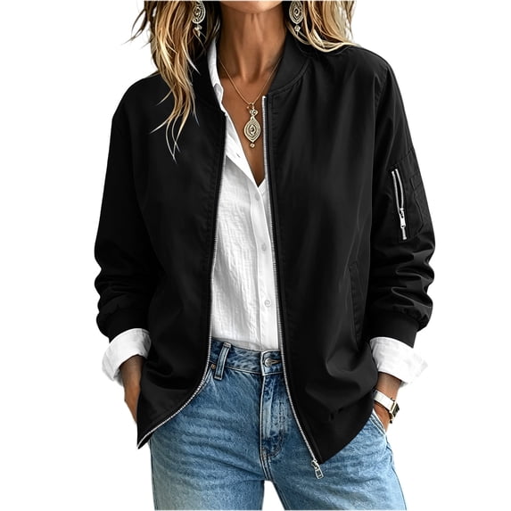 Maplenight Bomber Jackets for Women Casual Full Zip Up Coat Stand Collar Fall Jacket with Pockets