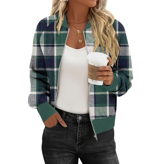 Maplenight Bomber Jackets for Women Causal Zip Up Jacket Color Block Stand Collar Fall Jackets with Pockets