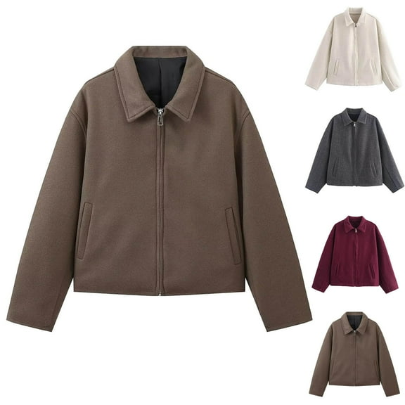 Maplenight Bomber Jackets for Women Lapel Full Up Cropped Jackets Casual Long Sleeve Crop jacket with Pocket