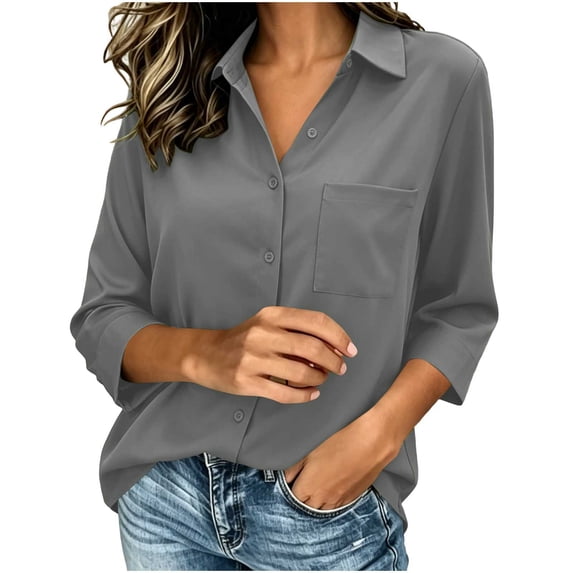 Maplenight Button Down Shirts for Women 3/4 Sleeve Collared Shirt with Pocket Relaxed Fit Work Office Business Casual Tops