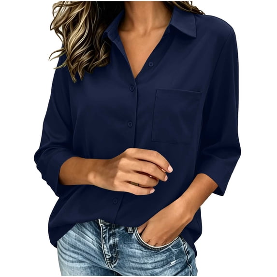 Maplenight Button Down Shirts for Women 3/4 Sleeve Collared Shirt with Pocket Relaxed Fit Work Office Business Casual Tops