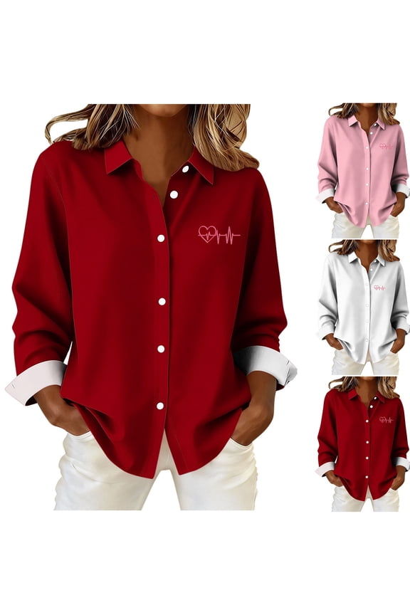 Button Down Shirts for Women Long Sleeve Business Work Tops Dressy Casual Heart Printed Blouses with Pocket