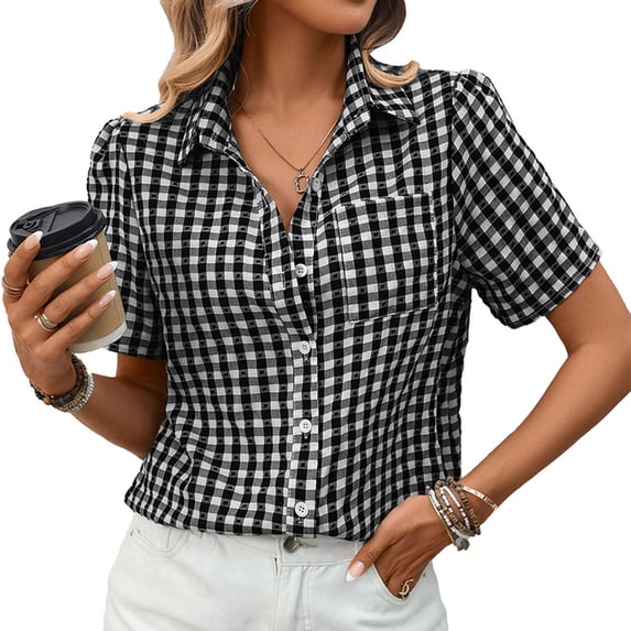 Maplenight Button Down Shirts for Women Short Sleeve Lapel Collared Plaid Blouses Summer Casual Tops