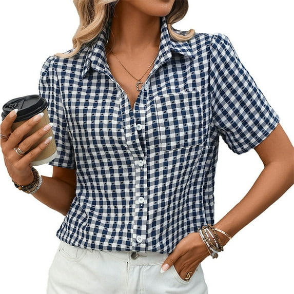Maplenight Button Down Shirts for Women Short Sleeve Lapel Collared Plaid Blouses Summer Casual Tops