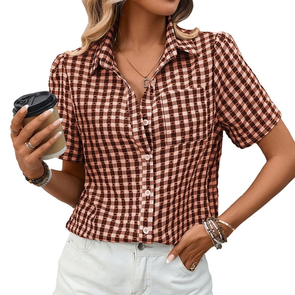 Maplenight Button Down Shirts for Women Short Sleeve Lapel Collared Plaid Blouses Summer Casual Tops