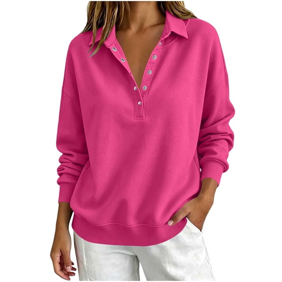 Maplenight Casaul Sweatshirt for Women Collared Snap-Button Long Sleeve Pullover Ribbed Cuffs Loose Fit Fall Sweatshirts