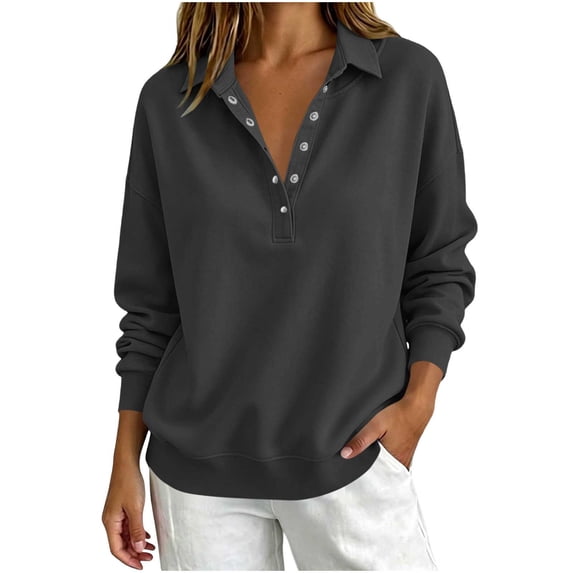 Maplenight Casaul Sweatshirt for Women Collared Snap-Button Long Sleeve Pullover Ribbed Cuffs Loose Fit Fall Sweatshirts