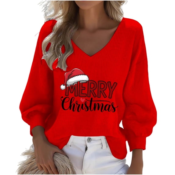 Maplenight Christmas 3/4 Sleeve Womens Tops Waffle V-Neck Graphic Tee Shirts Loose Fit Casual Holiday Winter Blouse